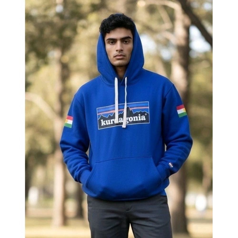 Kurdagonia Sweatshirt Mens M Blue Graphic Hoodie Kurdistan Flag Patch Fleece